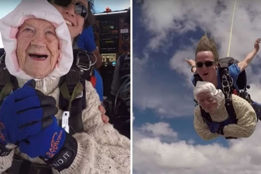 Mujer de 102 años rompe record mundial en saltarse con paracaídas